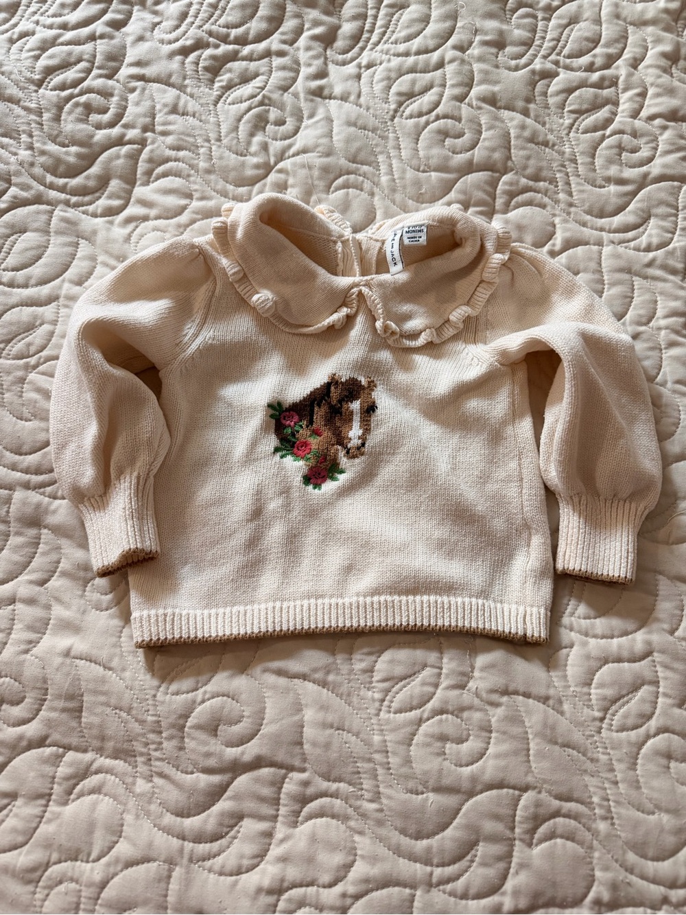 Janie and JackBaby Girl Cream Knit Sweater with Horse Embroidery 6-12 months